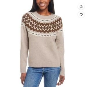 Neutral Fair Isle Crewneck Sweater in Beige and Brown